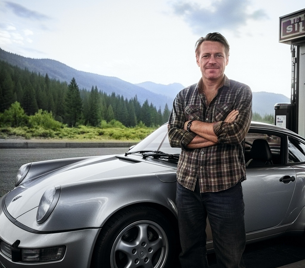 Kit Anderson standing next to a Porsche in Lake Tahoe